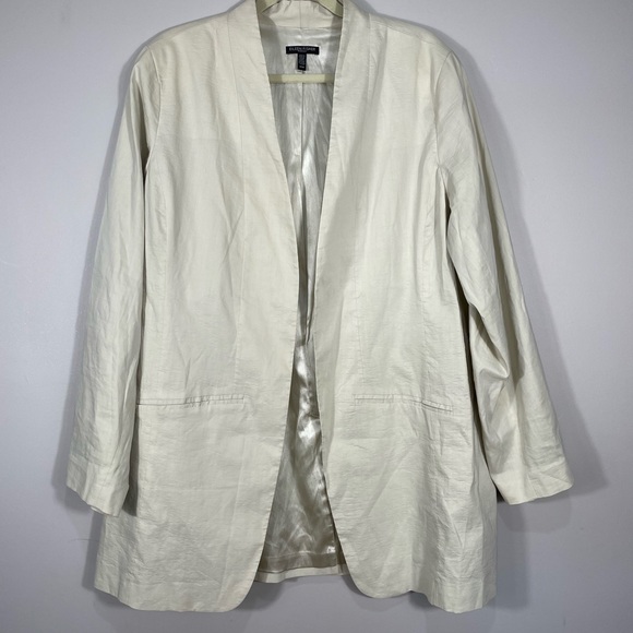 Eileen Fisher Bone Stand Up Collar Ramie Open Front Long Blazer sz. 22 - Picture 1 of 6